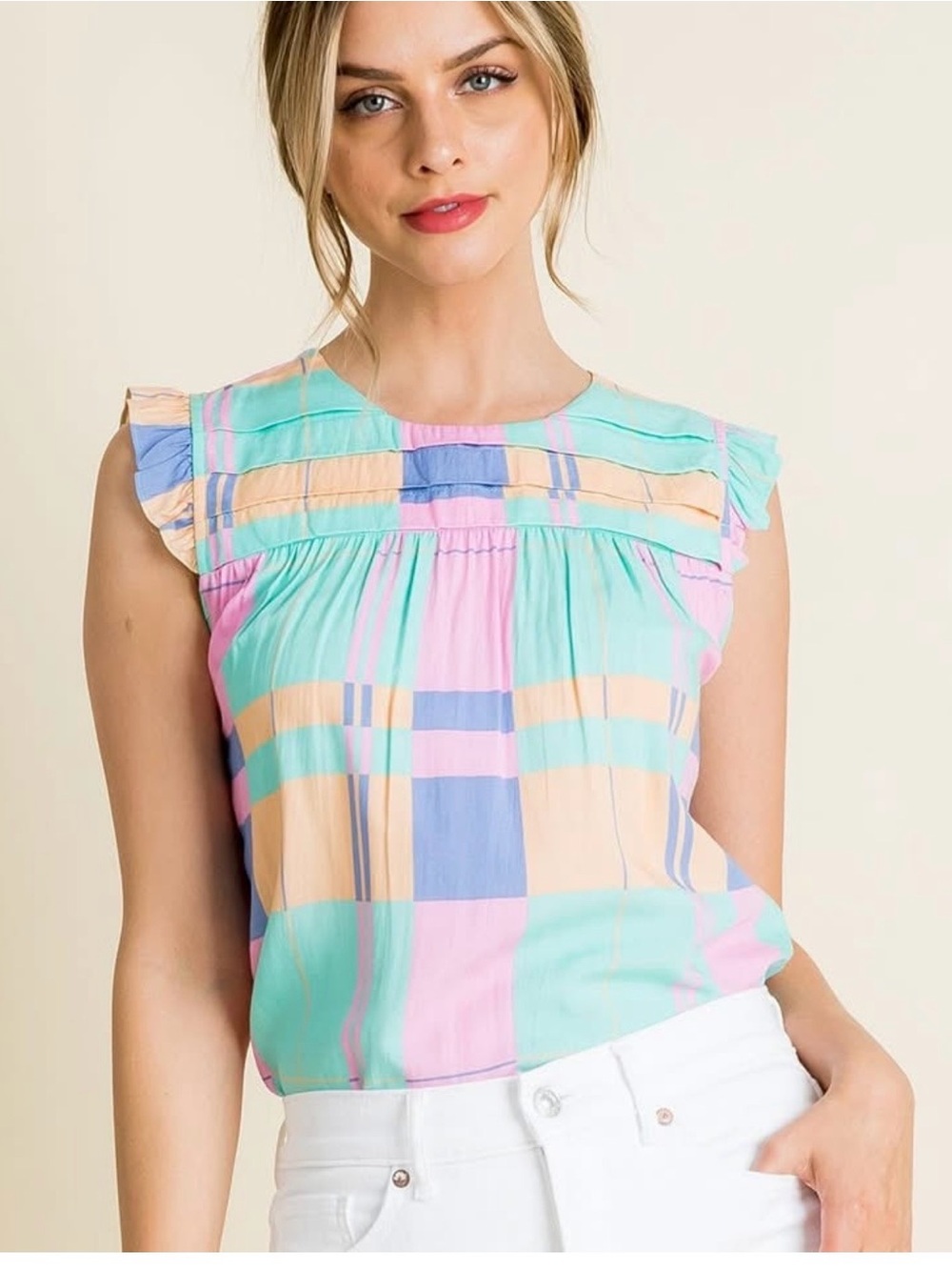 THML Sleeveless Pastel Plaid Ruffle Yoke Top